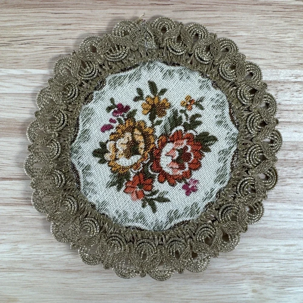 Antique Victorian Metallic Work Doily Gold Tone Netting Trim Floral Tapestry 5